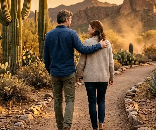 Couple walking in desert